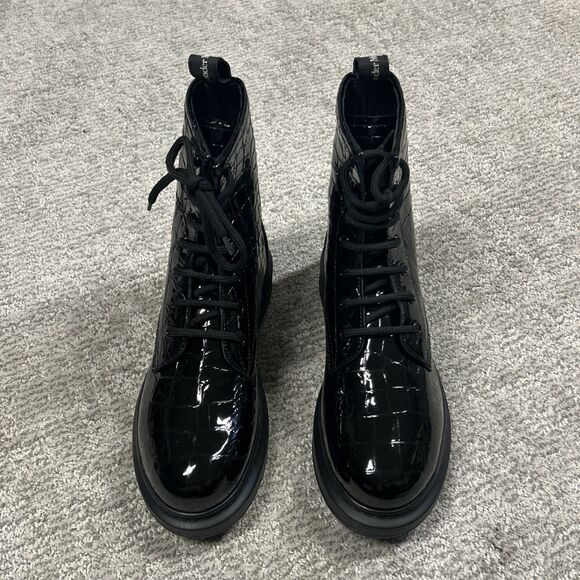 Alexander McQueen Croc Effect Boots Womens 38.5E US 8.5 Black Combat New - Picture 2 of 16